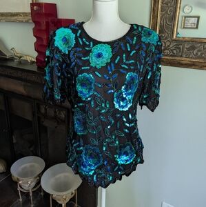 80s Laurence Kazar M/L Sequin Beaded Top 100% Silk Evening Floral Black Blue